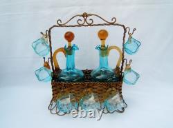 Panier en bronze service a liqueurs 2 carafe 10 chopes George Sand Napoléon III