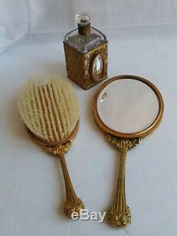 +++ Partie de Nécessaire de toilette vers 1900 miniature bronze doré Luger +++