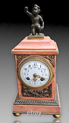 Pendule Borne Marbre Rose Cupidon Bronze Patine Epoque Napoleon III