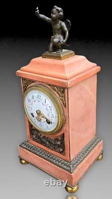 Pendule Borne Marbre Rose Cupidon Bronze Patine Epoque Napoleon III
