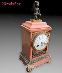 Pendule Borne Marbre Rose Cupidon Bronze Patine Epoque Napoleon III