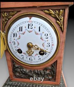Pendule Borne Marbre Rose Cupidon Bronze Patine Epoque Napoleon III
