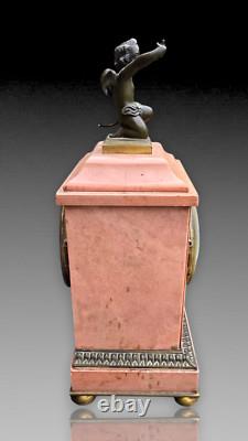 Pendule Borne Marbre Rose Cupidon Bronze Patine Epoque Napoleon III