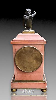 Pendule Borne Marbre Rose Cupidon Bronze Patine Epoque Napoleon III