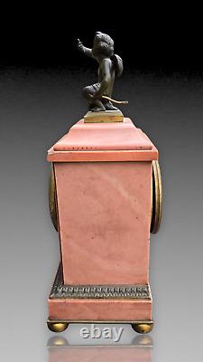 Pendule Borne Marbre Rose Cupidon Bronze Patine Epoque Napoleon III