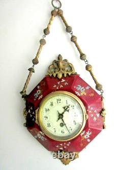 Pendule Boulangère Napoléon III, octogonale, céramique rouge émaillée et bronze