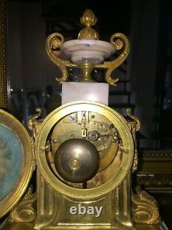 Pendule Garniture Bronze Napoleon III Complete Fonctionne, Ht 29