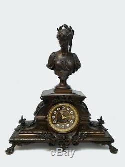 Pendule Japy Freres Napoleon III Buste De Femme Bouret Patine Chocolatee C2561