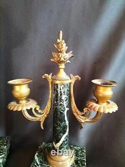 Pendule/garniture de cheminée en marbre vert & bronze / Napoléon III Roi soleil