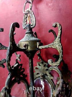 Petit lampadaire en bronze ancien, 6 fenetres ovales de verre gravé et bisoté