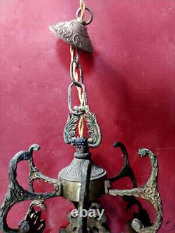 Petit lampadaire en bronze ancien, 6 fenetres ovales de verre gravé et bisoté