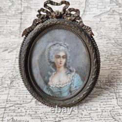 Portrait Dame Miniature Peinture Signé De Saint Just Cadre Bronze XIXè