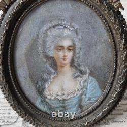 Portrait Dame Miniature Peinture Signé De Saint Just Cadre Bronze XIXè
