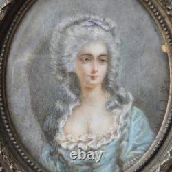 Portrait Dame Miniature Peinture Signé De Saint Just Cadre Bronze XIXè