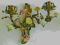 RARE Ancienne Paire d'appliques laiton et fleurs porcelaine