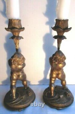 RARE Bougeoirs bronze Napoléon III, Les chérubins jongleurs, cracheurs de feu