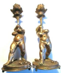 RARE Bougeoirs bronze Napoléon III, Les chérubins jongleurs, cracheurs de feu