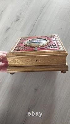 Rare Grand Coffret Bronze Email Sur Cuivre Boite A Bijoux
