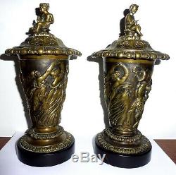 Rare Paire De Cassolettes Bronze Napoleon III Faunes Satyres Femmes Bacchanales