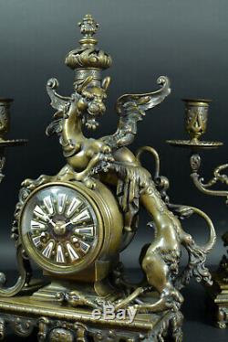 Rare Pendule ancienne Bronze Dragons Chimère E. Colin Chinois Napoleon 3 clock