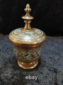 Rare Pot couvert en émail cloisonné et bronze H 14.5 cm, France, Napoléon III