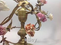 Rare paire chandeliers XIXe 19° Marbre Bronze Fleurs porcelaine Saxe Napoléon 3
