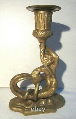 Sculpture bronze Poséidon tenant un bougeoir d'une main et un serpent de l'autre