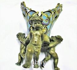 Sculpture bronze angelots & coupe bronze cloisonné, socle, support fin XIX ème