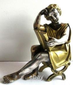 Statue de pendule Napoléon III en bronze doré et argenté Femme à la lecture