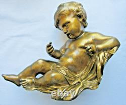 Statue de pendule en bronze, sculpture Napoléon III Angelot chérubin allongé