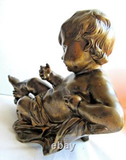 Statue de pendule en bronze, sculpture Napoléon III Angelot chérubin allongé