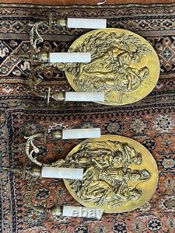 Superbe Paire D'applique Médaillon En Bronze Doré Napoléon III 3 Bras De Lumière