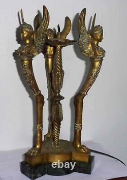 Superbe Pied De Lampe Napoléon III Bronze Marbre Cariatides Femmes Antique