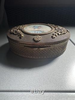 Superbe ancienne boîte à bijoux Napoléon III bronze laiton et miniature peinte