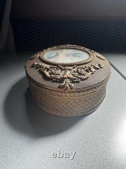 Superbe ancienne boîte à bijoux Napoléon III bronze laiton et miniature peinte