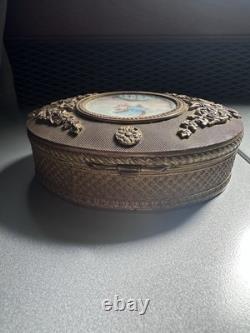 Superbe ancienne boîte à bijoux Napoléon III bronze laiton et miniature peinte