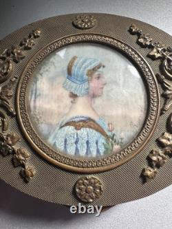 Superbe ancienne boîte à bijoux Napoléon III bronze laiton et miniature peinte