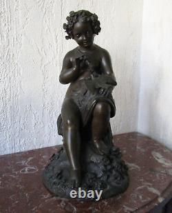 Superbe bronze XIXe signé, Amour aux colombes enfant oiseaux sculpture ancienne