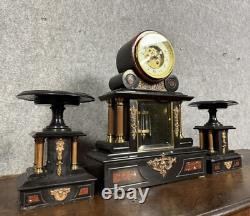 Superbe pendule triptyque de Notaire époque Napoléon III en marbre noir