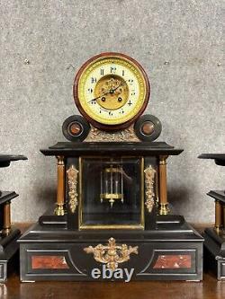 Superbe pendule triptyque de Notaire époque Napoléon III en marbre noir
