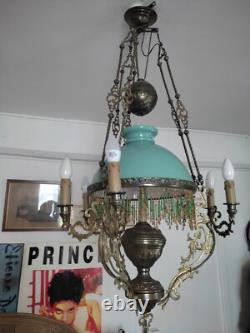 Suspension Napoléon III, XIX siècle, opaline verte, 7 lumières. Bon état
