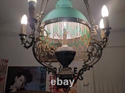 Suspension Napoléon III, XIX siècle, opaline verte, 7 lumières. Bon état