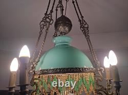Suspension Napoléon III, XIX siècle, opaline verte, 7 lumières. Bon état