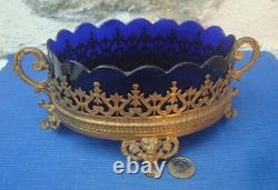 V64 Jardinière Bronze Verrine Verre Bleu Coupe Napoléon III centre table XIXe