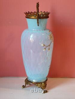 VASE BLEU OPALINE EMAILLEE MONTURE BRONZE FLEURS EN RELIEF Napoléon III