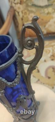 Vase Napoléon III cristal bleu cobalt monture bronze putti H23cm