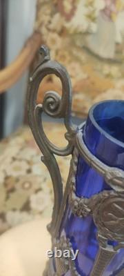 Vase Napoléon III cristal bleu cobalt monture bronze putti H23cm