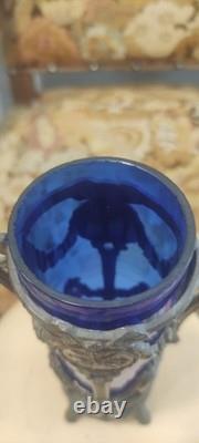 Vase Napoléon III cristal bleu cobalt monture bronze putti H23cm