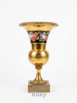 Vase Porcelaine & Bronze Doré Style Napoléon III Décor Floral & Fond Or
