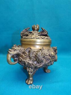 Vers 1900 Chine Brûle-parfum Tripode Bronze Dragons Perle Sacrée